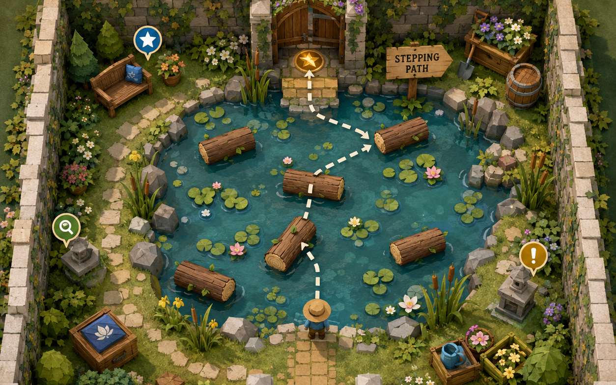 Cozy compact outdoor puzzle space with handmade props.