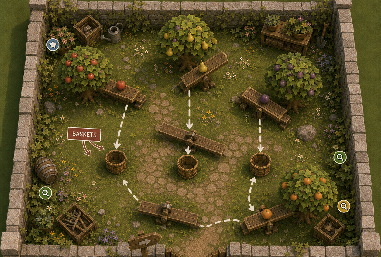 Papercraft-style yard concept with fences, tools, and paths.