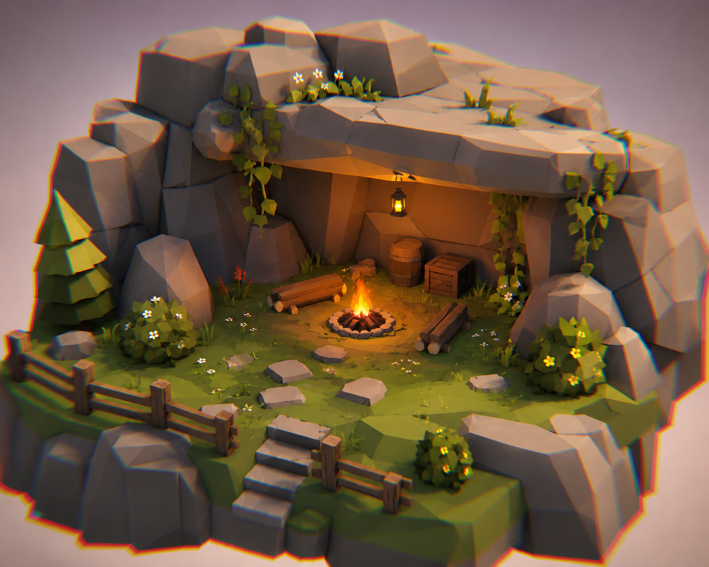 Outdoor puzzle environment concept art with cozy handcrafted shapes.